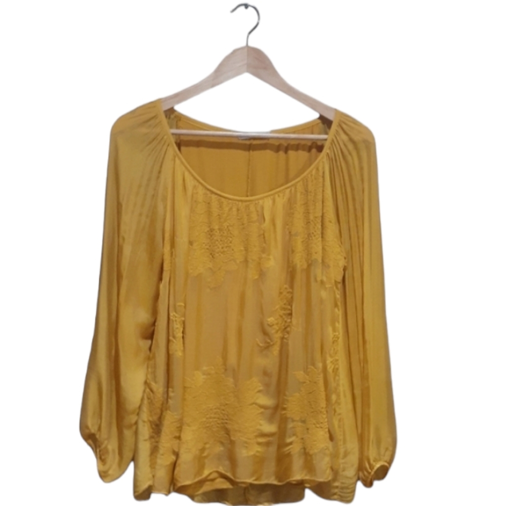 Tendenze Italy Women's Size Small Silk Blouse with Floral Embroidery in Gold
